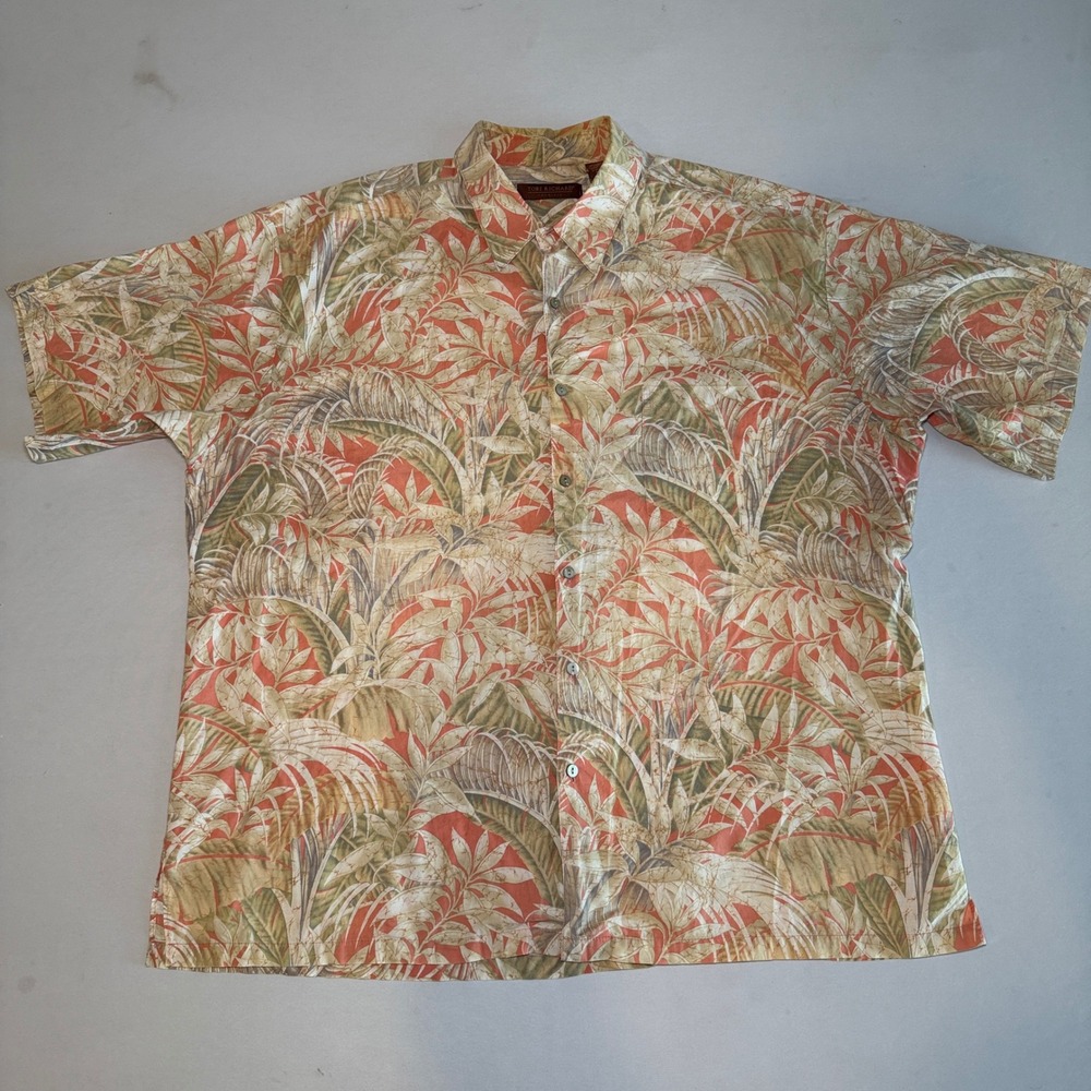 Tori Richard Hawaiian Shirt Mens 2XL Pastel Peach Cotton Lawn Botanical Tropical